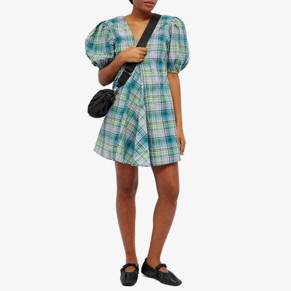 Ganni Puff Sleeve Lagoon Seersucker Check Plaid Mini Dress Preppy Scandi Girl - Picture 7 of 16